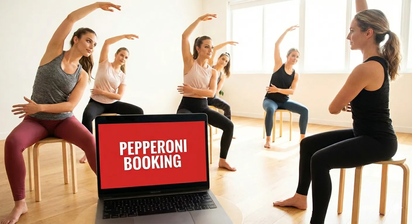 Gyrokinesis class with instructor and Pepperoni Booking software on laptop