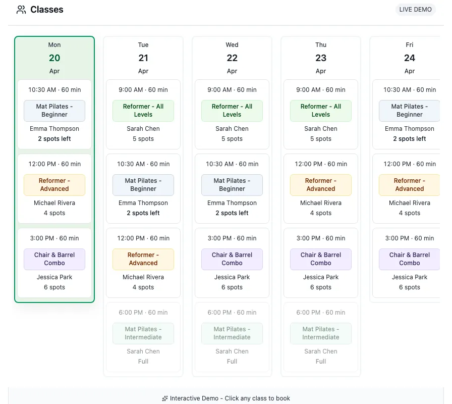 Planning hebdomadaire des cours — interface du produit en direct