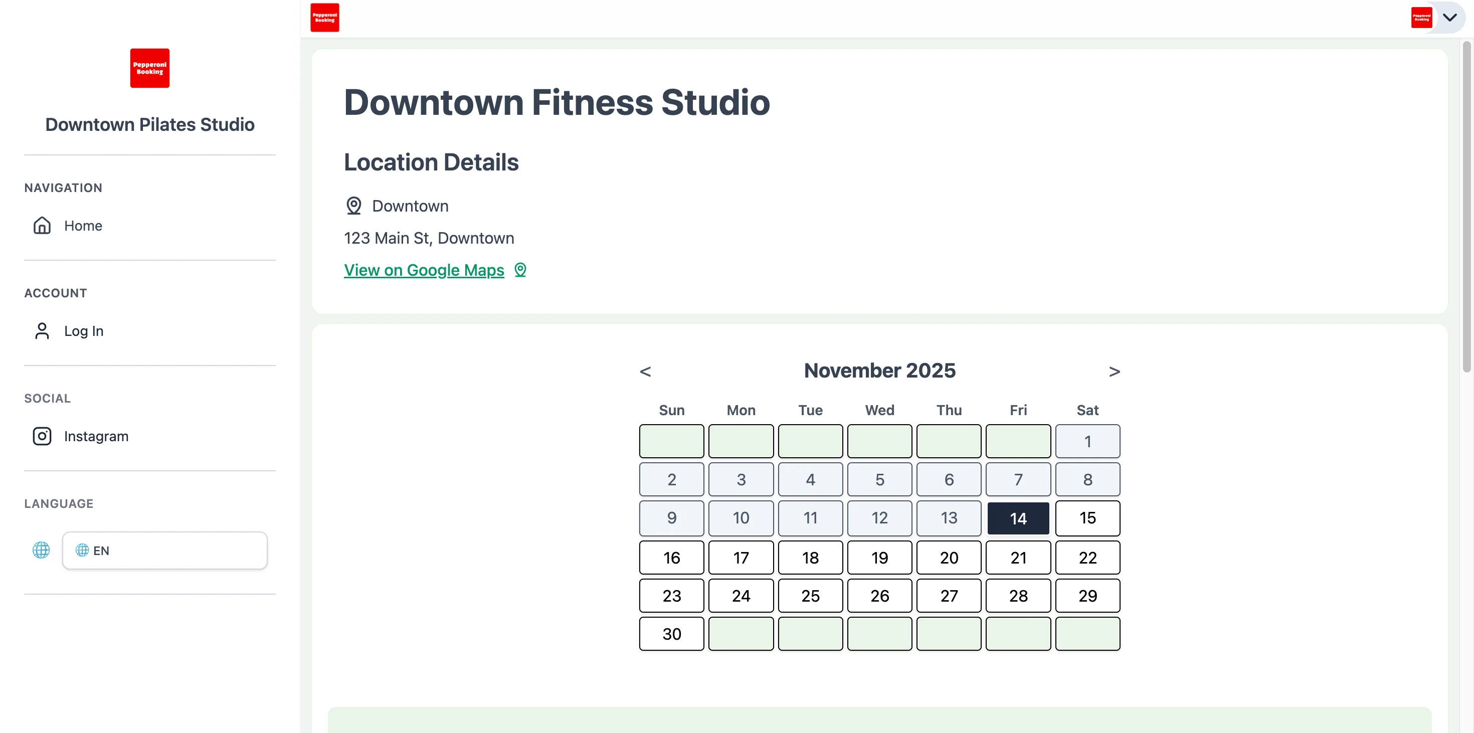 Group class calendar view