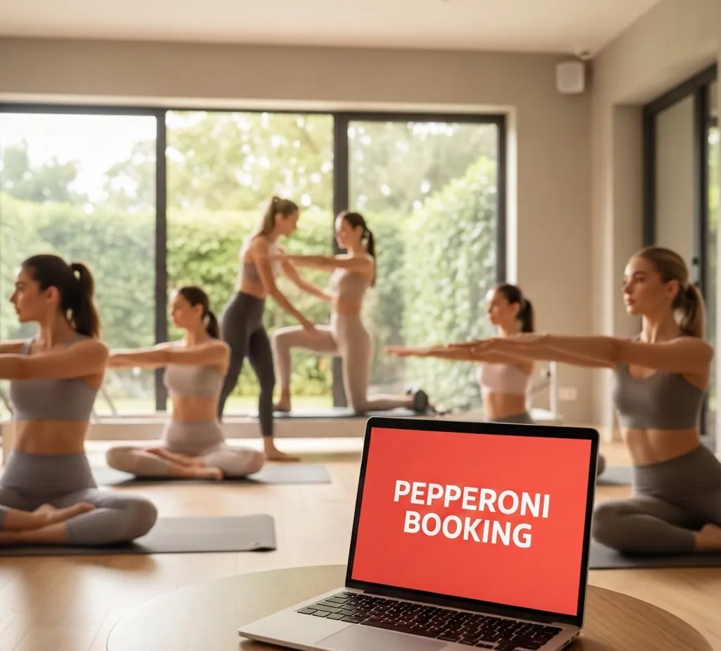 ラップトップでPepperoni Bookingを使ってるインストラクターとジャイロキネシス®のクラス