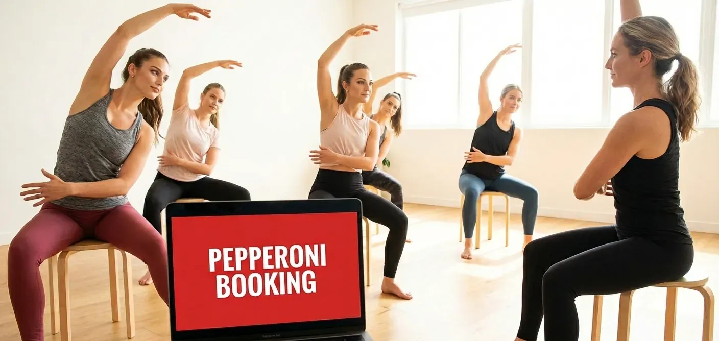 Cours de Gyrokinesis avec un instructeur et le logiciel Pepperoni Booking sur un ordinateur portable