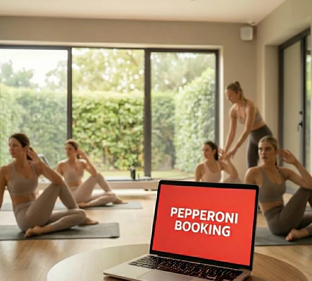 Kelas yoga dengan instruktur dan perangkat lunak Pepperoni Booking di laptop